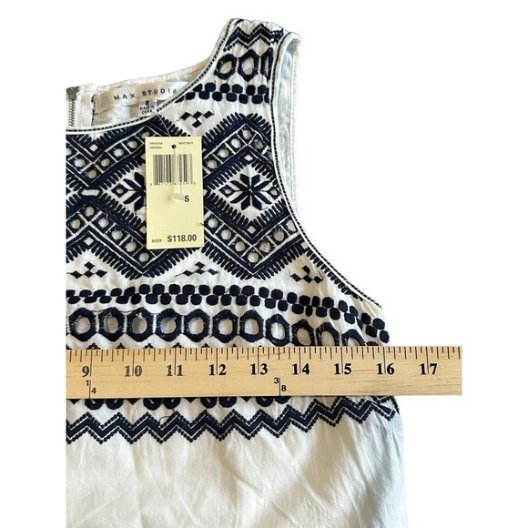 NWT $118 Max Studio Size Small White Navy Cotton Embroidered Summer Dress #I14-5 - Picture 5 of 11